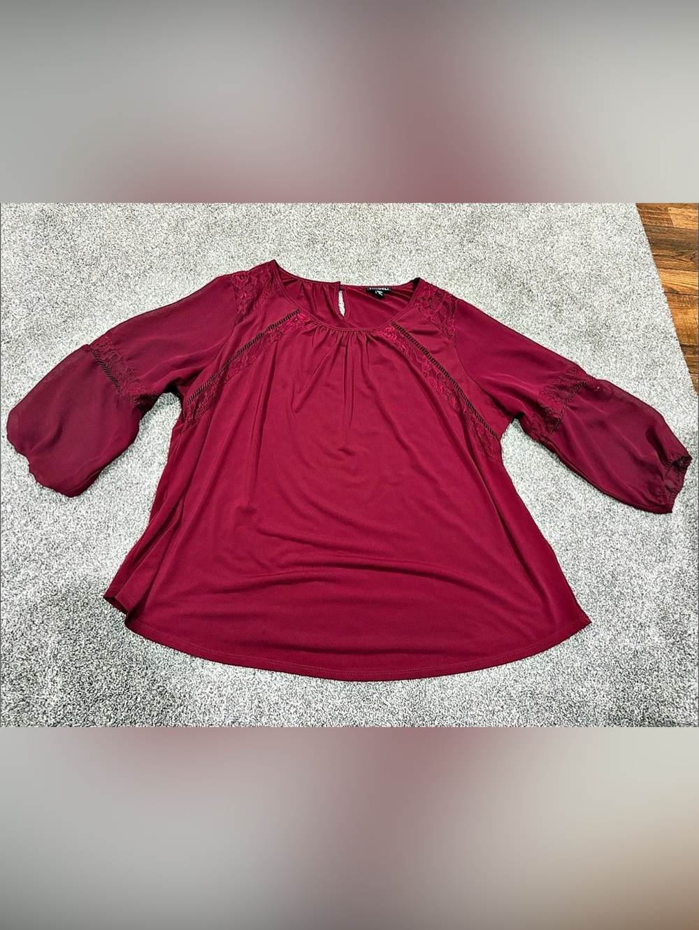 Roz & Ali Lace Detail Long Sleeve Blouse Burgundy Size 2X